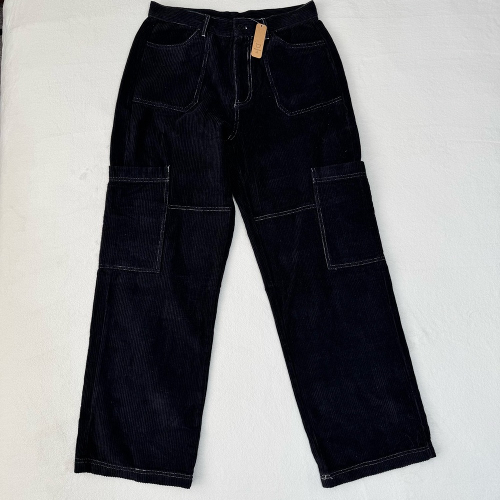 Corduroy Cargo Pants Black Contrast Stitch Wide Leg Miss Love Women’s Size M